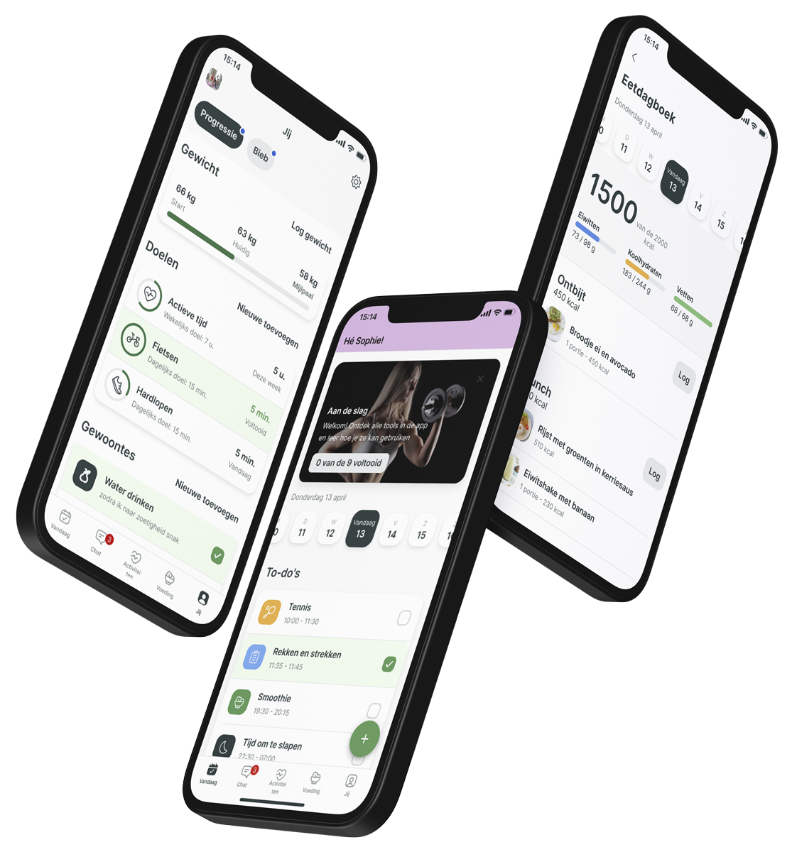 Een mockup van de coaching app die de functies laat zien.